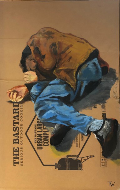 Dakloos persoon geschilderd op karton